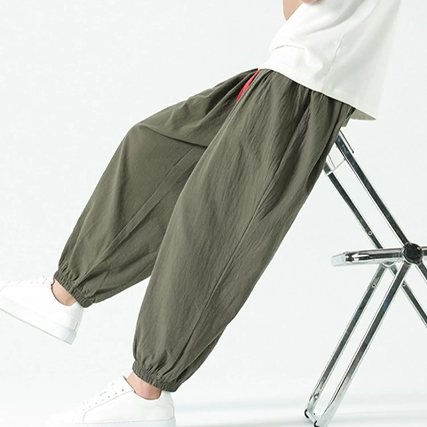 Mens Cotton Jogger Pants Loose Elastic Drawstring Waist Trousers Spring Summer Harem Pant Casual Going Out Clothing