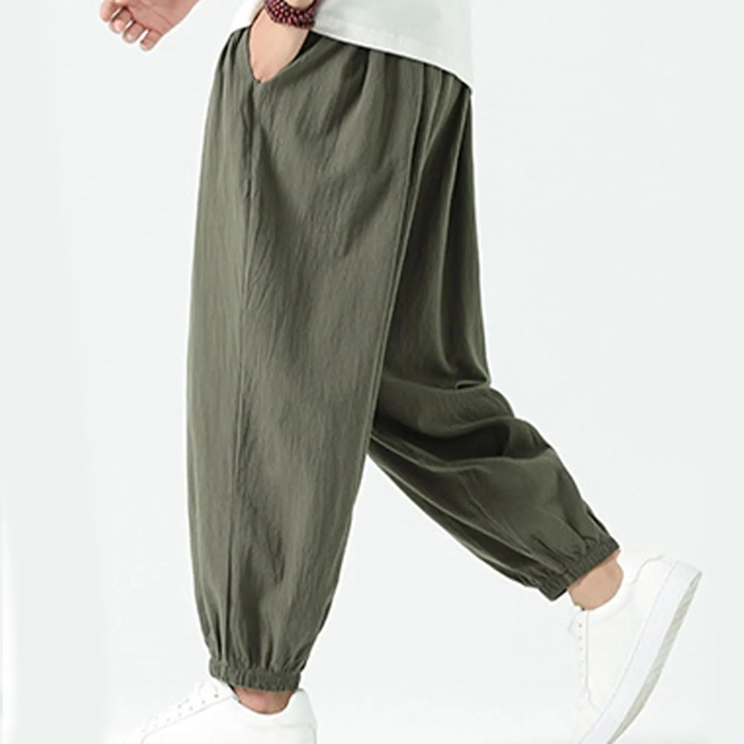 Mens Cotton Jogger Pants Loose Elastic Drawstring Waist Trousers Spring Summer Harem Pant Casual Going Out Clothing