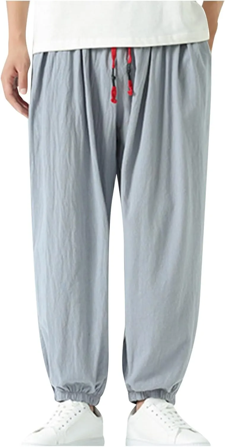 Mens Cotton Jogger Pants Loose Elastic Drawstring Waist Trousers Spring Summer Harem Pant Casual Going Out Clothing