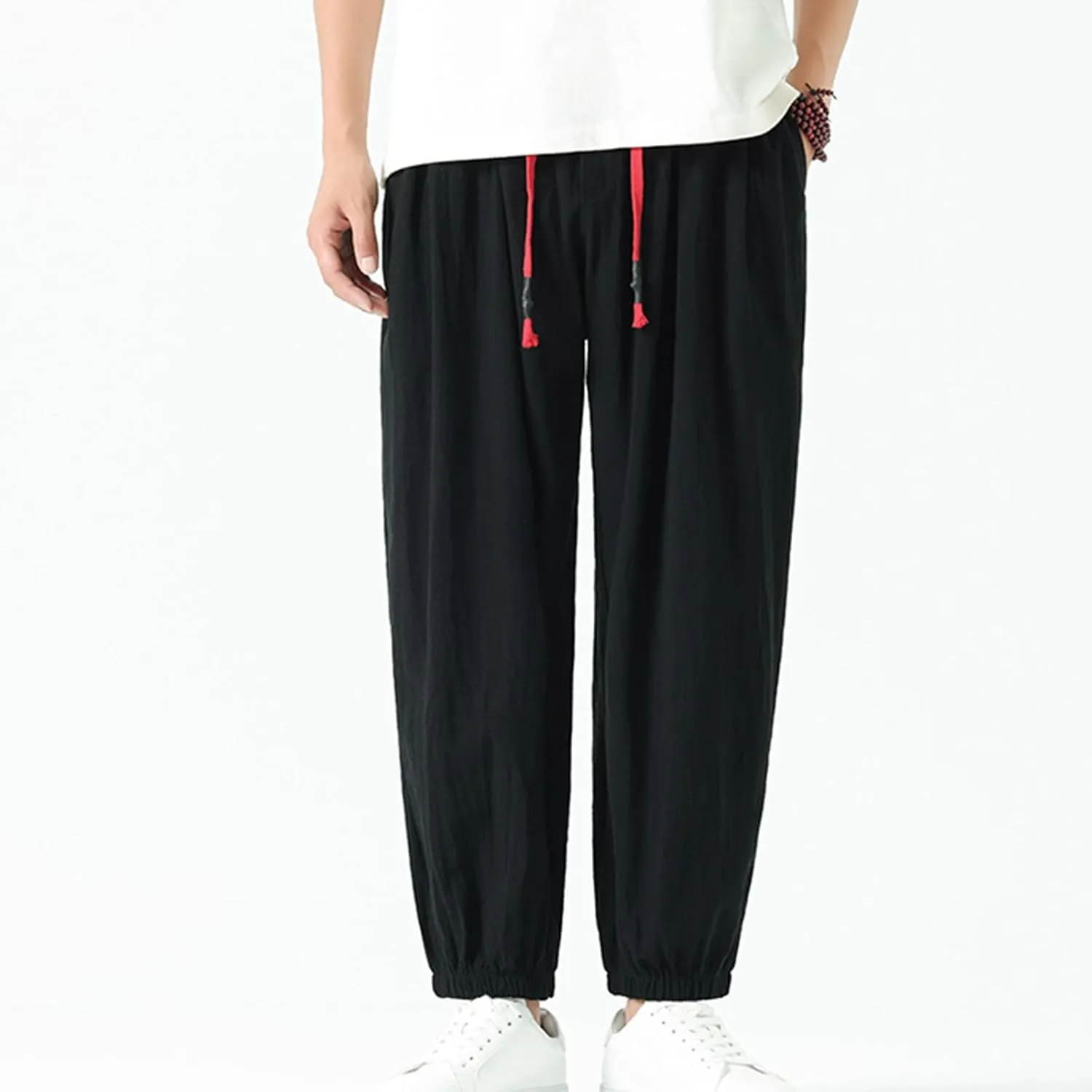 Mens Cotton Jogger Pants Loose Elastic Drawstring Waist Trousers Spring Summer Harem Pant Casual Going Out Clothing