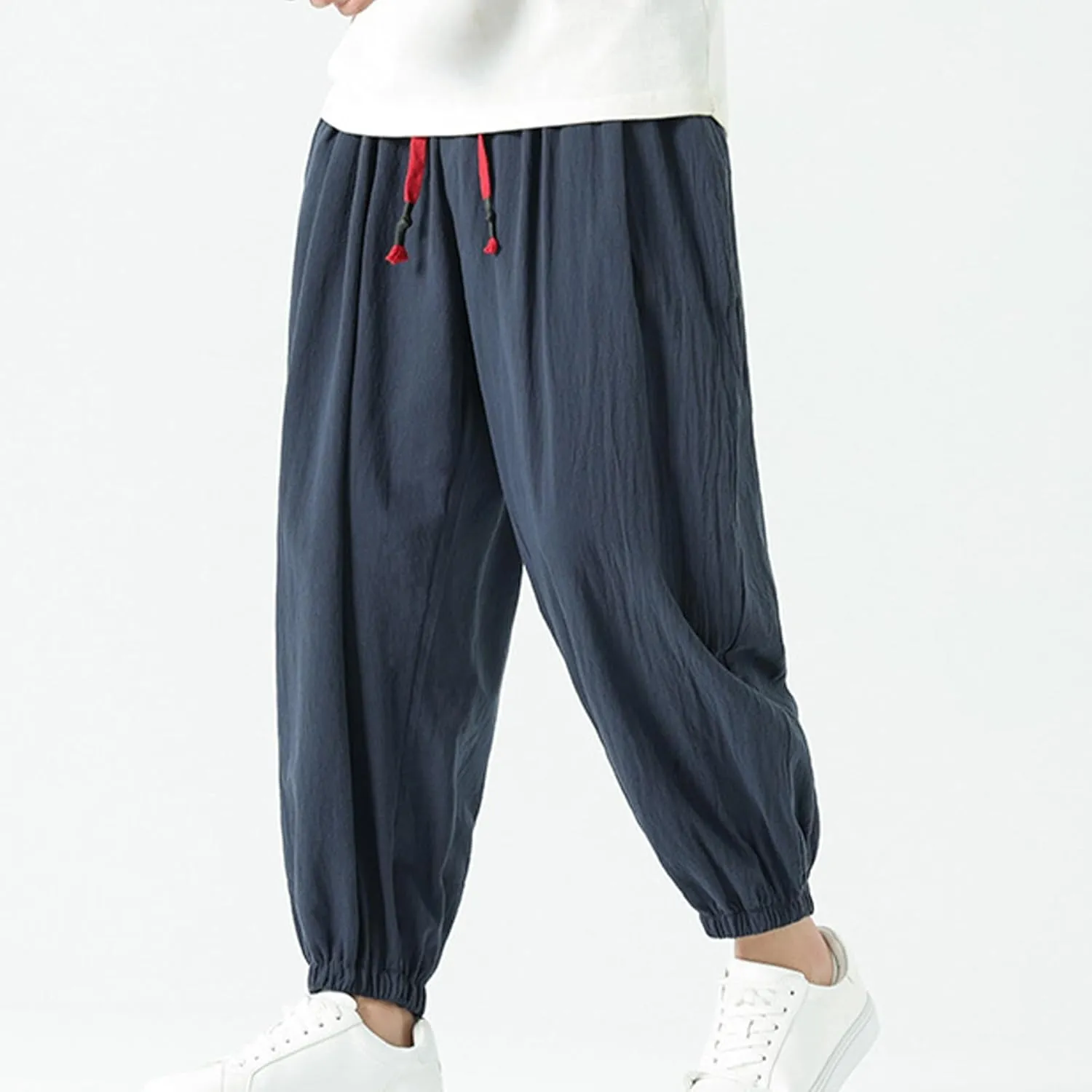 Mens Cotton Jogger Pants Loose Elastic Drawstring Waist Trousers Spring Summer Harem Pant Casual Going Out Clothing