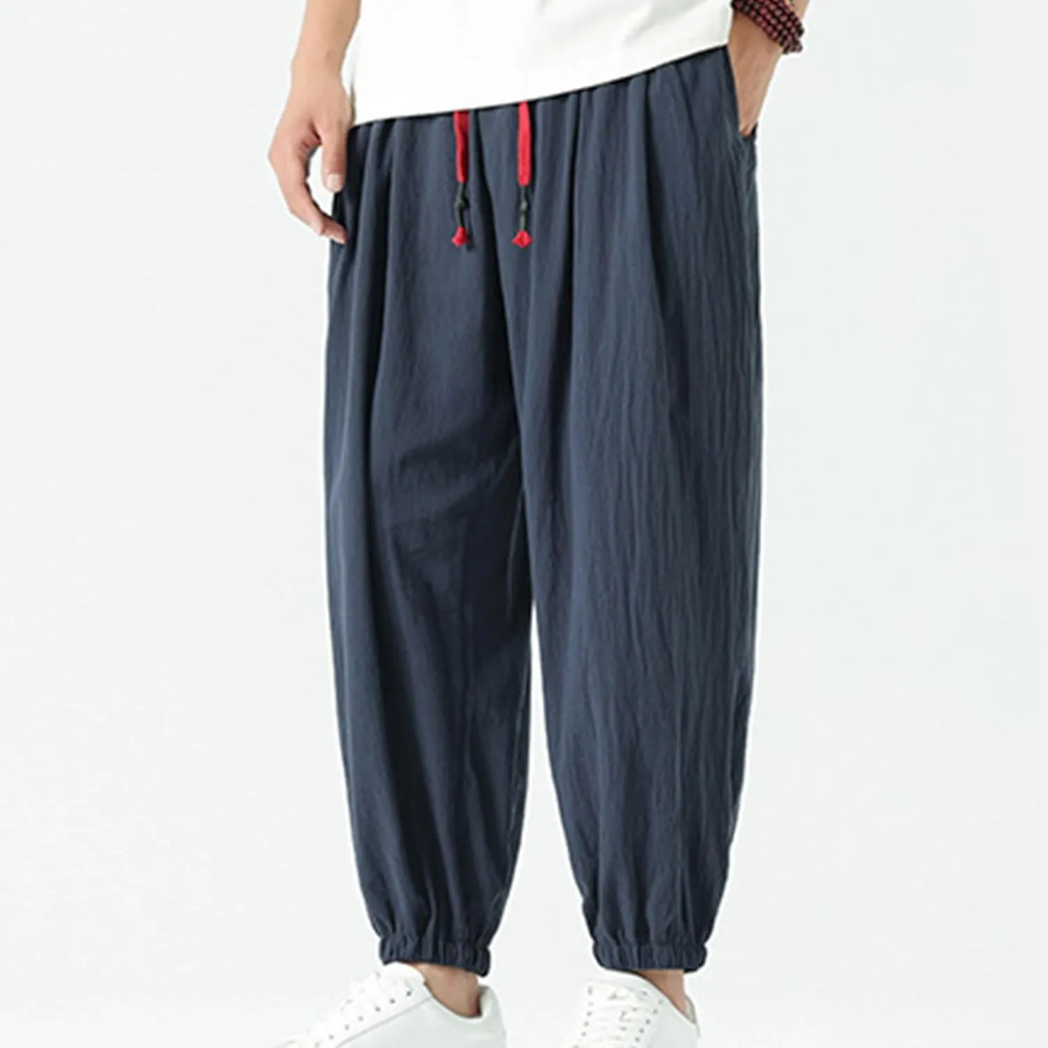 Mens Cotton Jogger Pants Loose Elastic Drawstring Waist Trousers Spring Summer Harem Pant Casual Going Out Clothing