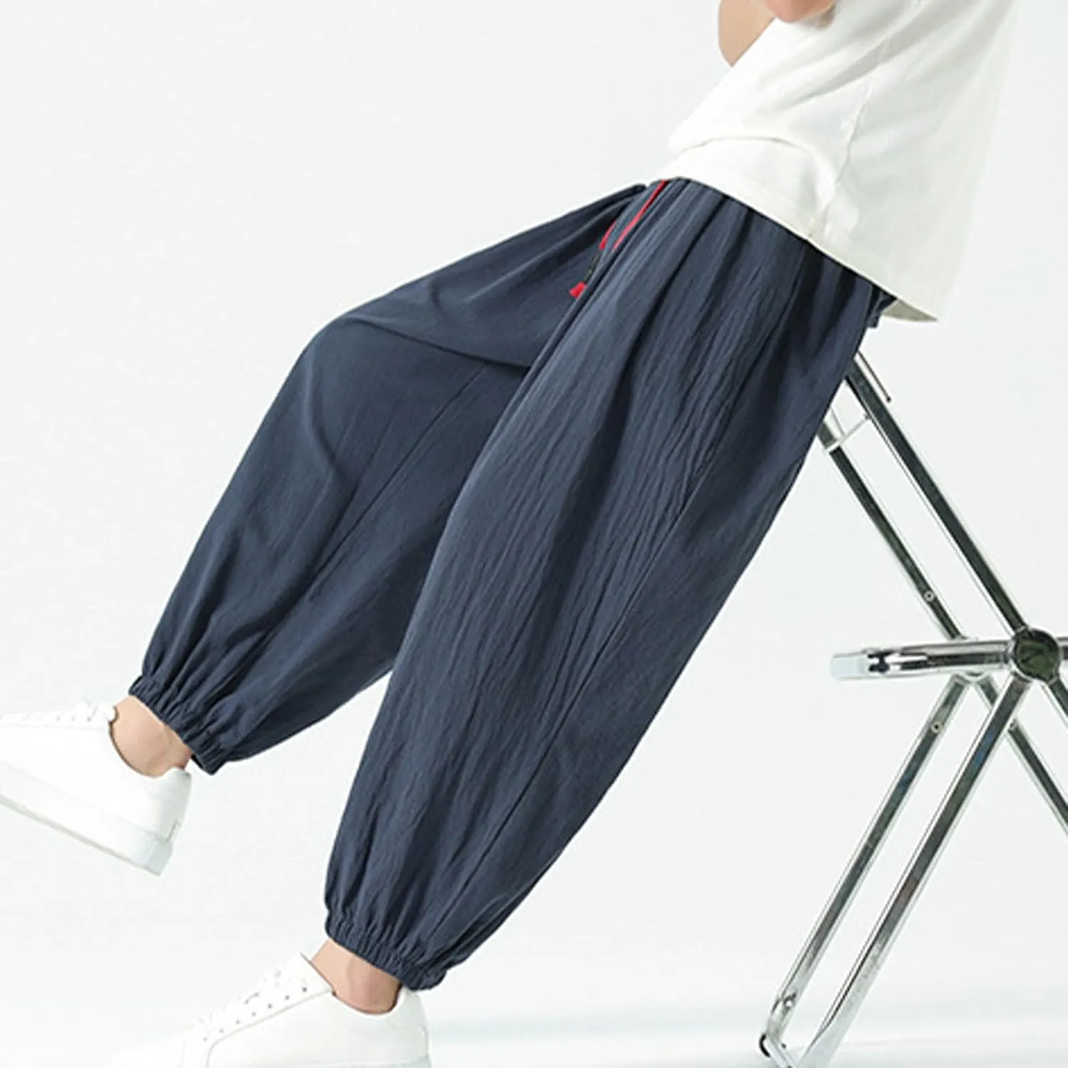 Mens Cotton Jogger Pants Loose Elastic Drawstring Waist Trousers Spring Summer Harem Pant Casual Going Out Clothing