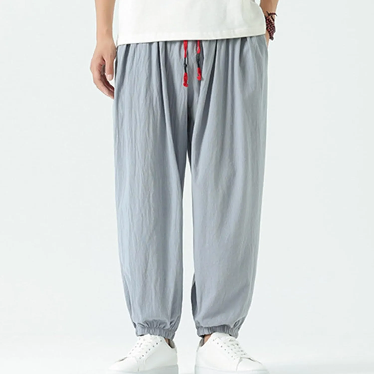 Mens Cotton Jogger Pants Loose Elastic Drawstring Waist Trousers Spring Summer Harem Pant Casual Going Out Clothing