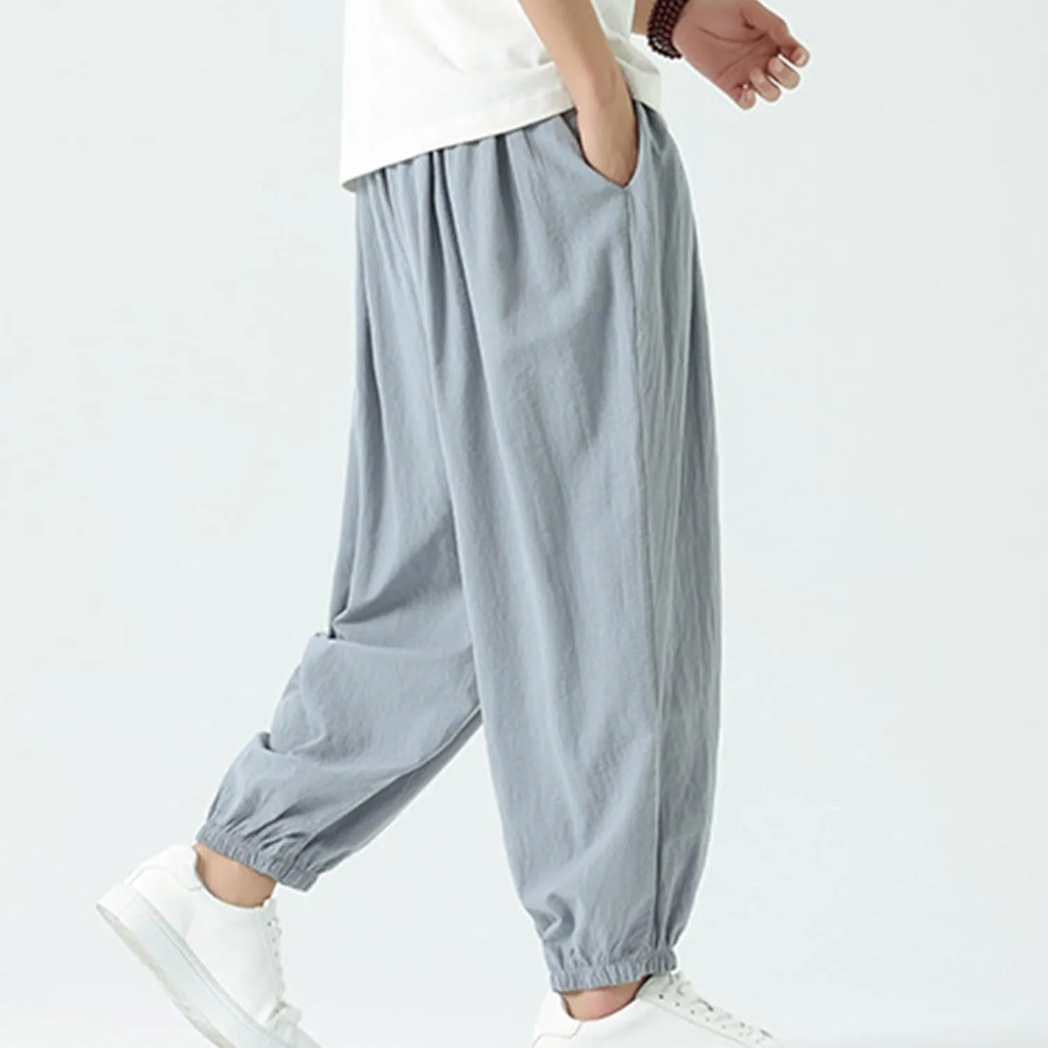 Mens Cotton Jogger Pants Loose Elastic Drawstring Waist Trousers Spring Summer Harem Pant Casual Going Out Clothing