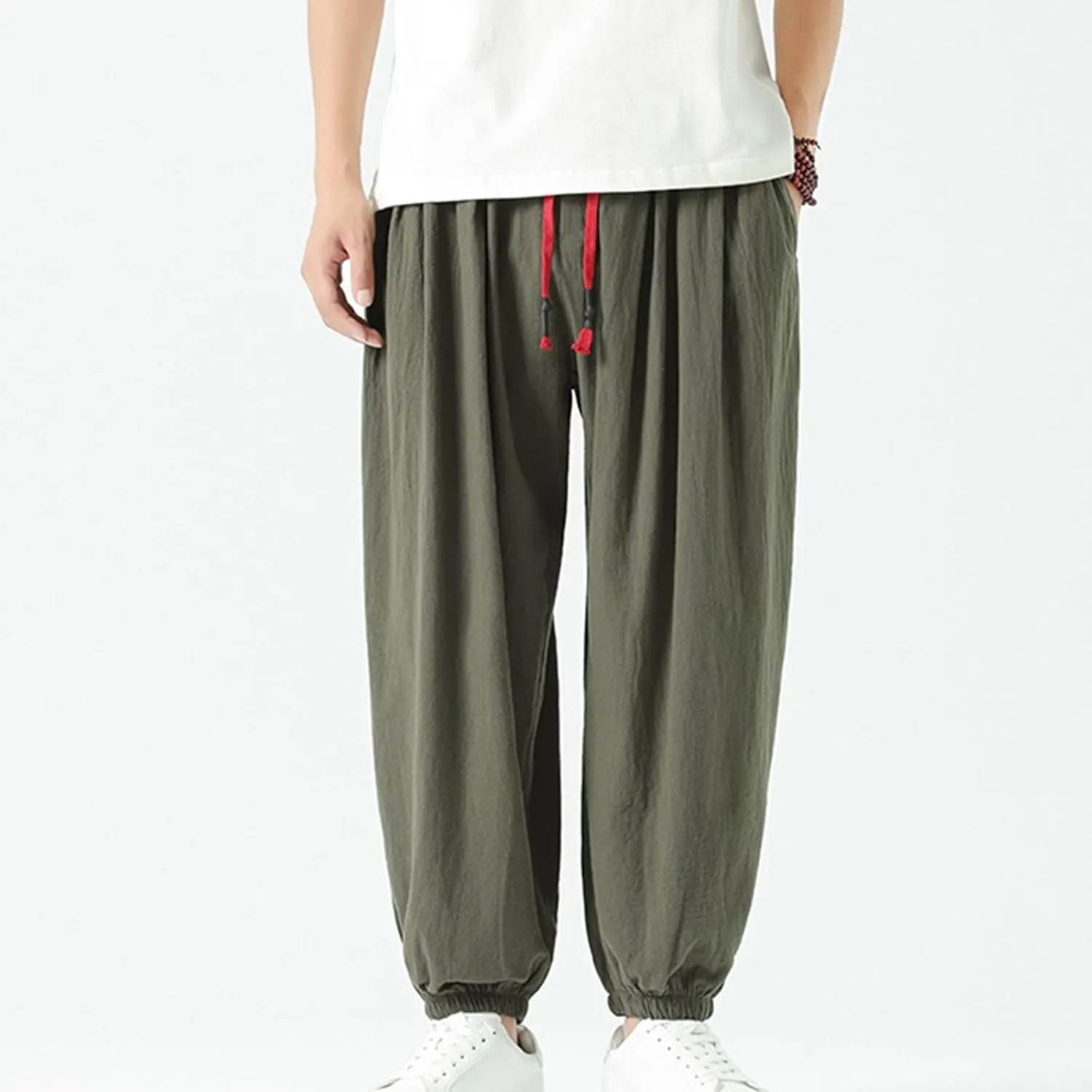 Mens Cotton Jogger Pants Loose Elastic Drawstring Waist Trousers Spring Summer Harem Pant Casual Going Out Clothing