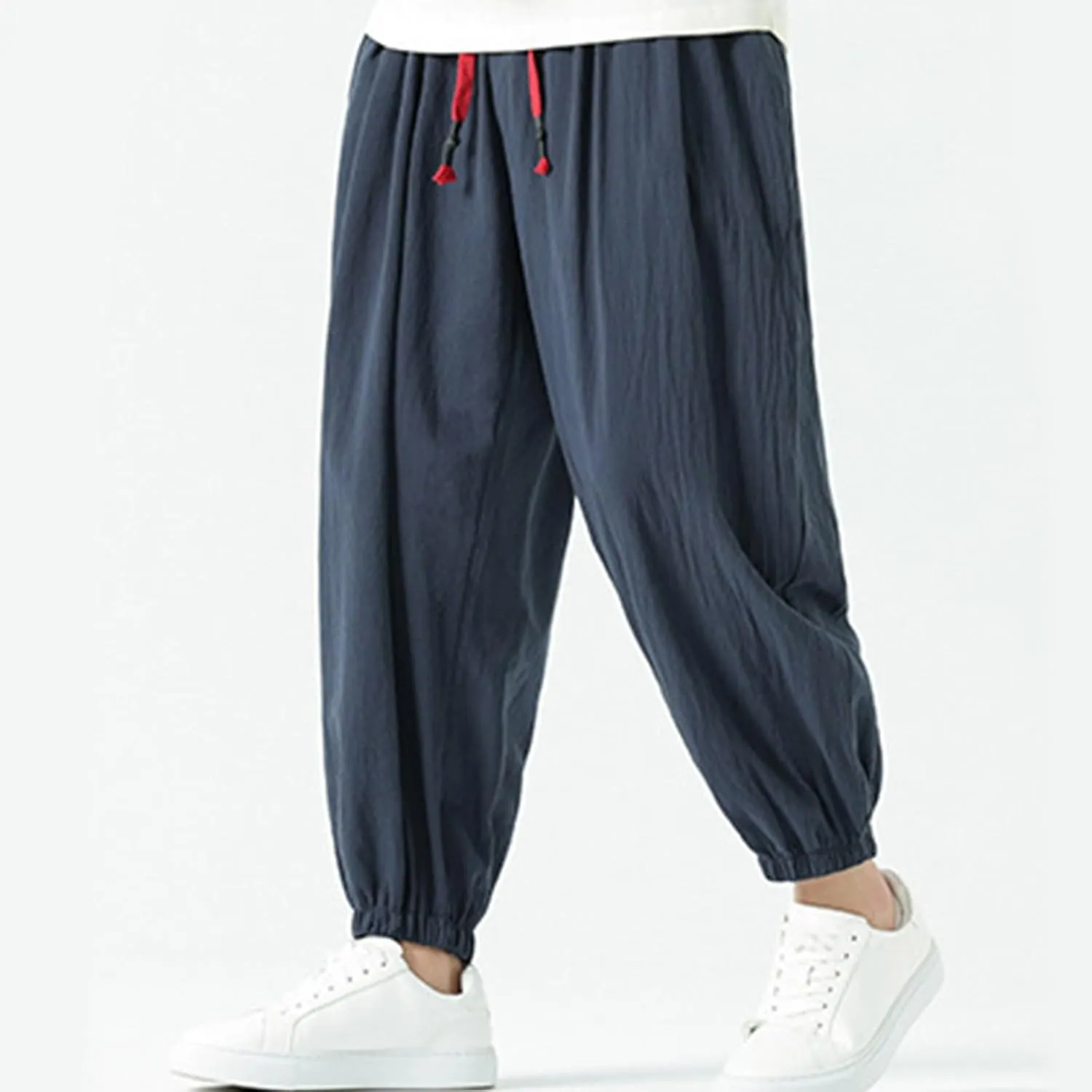 Mens Cotton Jogger Pants Loose Elastic Drawstring Waist Trousers Spring Summer Harem Pant Casual Going Out Clothing