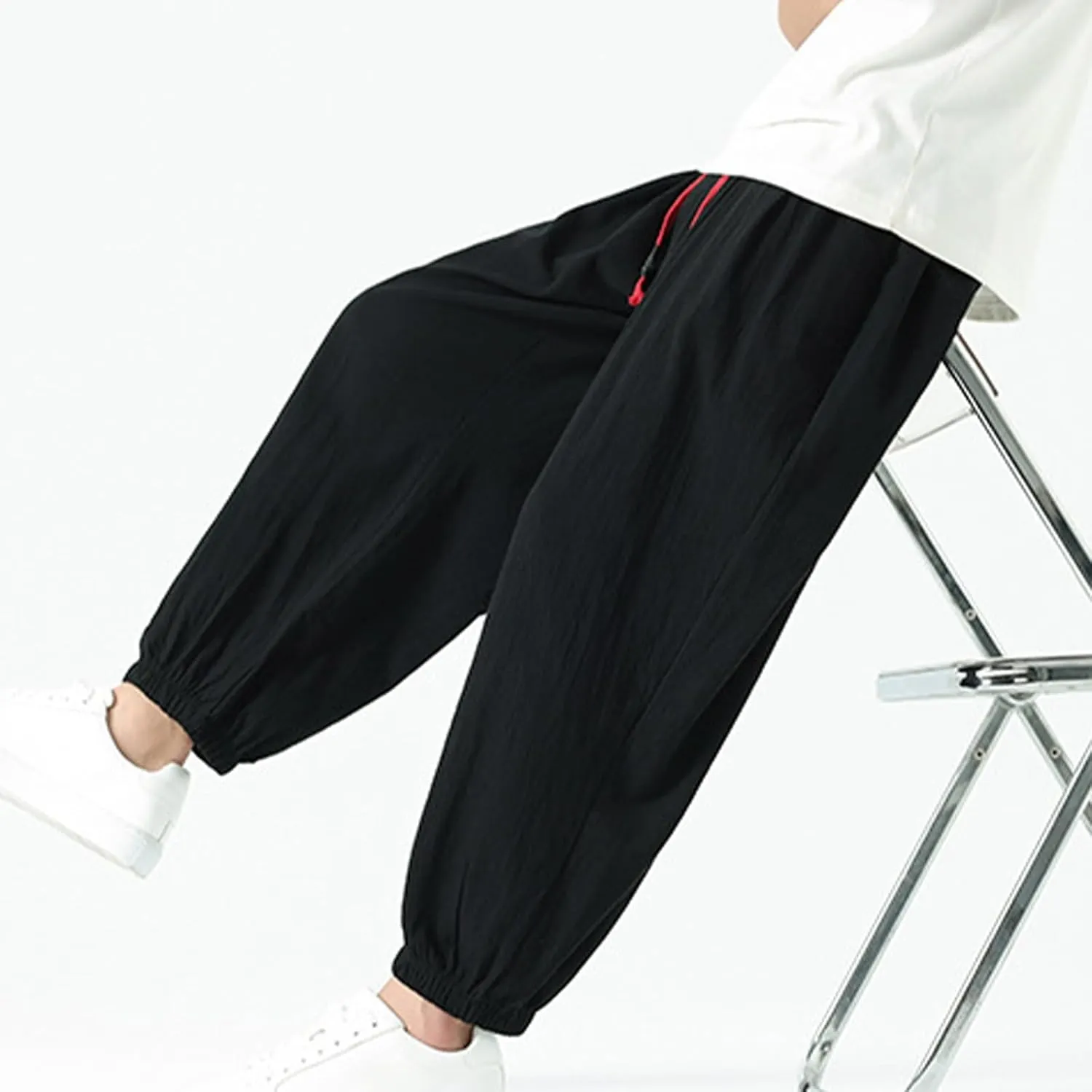 Mens Cotton Jogger Pants Loose Elastic Drawstring Waist Trousers Spring Summer Harem Pant Casual Going Out Clothing