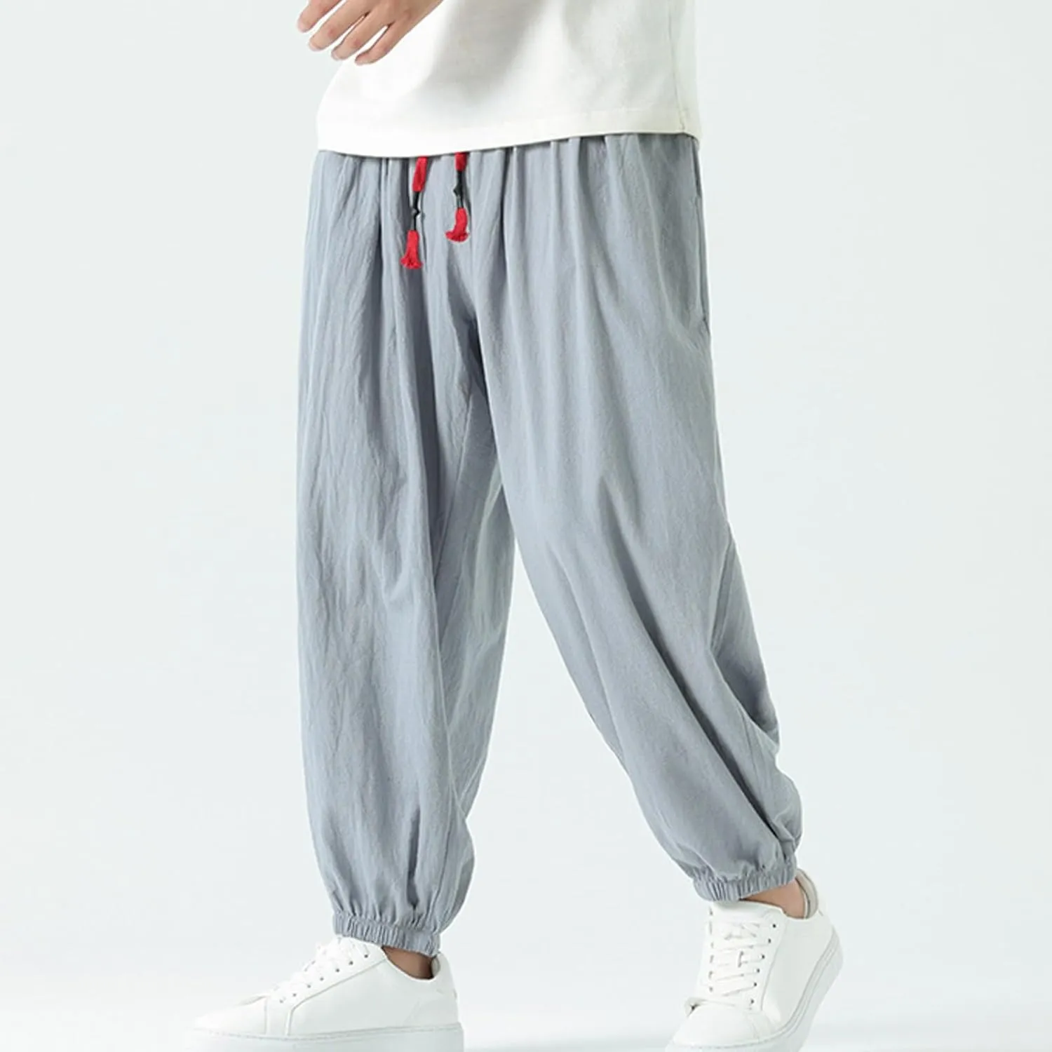 Mens Cotton Jogger Pants Loose Elastic Drawstring Waist Trousers Spring Summer Harem Pant Casual Going Out Clothing