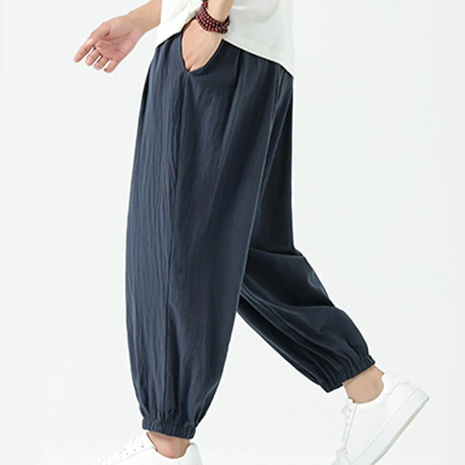 Mens Cotton Jogger Pants Loose Elastic Drawstring Waist Trousers Spring Summer Harem Pant Casual Going Out Clothing