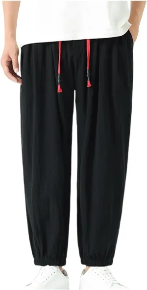 Mens Cotton Jogger Pants Loose Elastic Drawstring Waist Trousers Spring Summer Harem Pant Casual Going Out Clothing