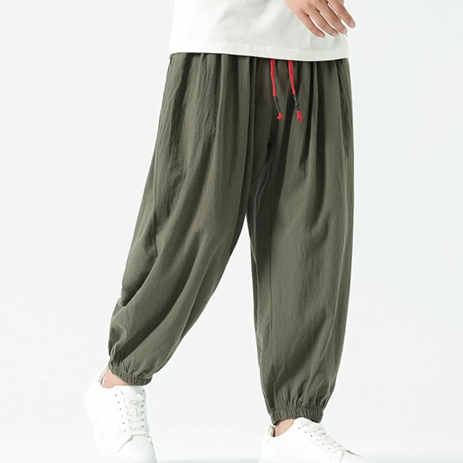 Mens Cotton Jogger Pants Loose Elastic Drawstring Waist Trousers Spring Summer Harem Pant Casual Going Out Clothing
