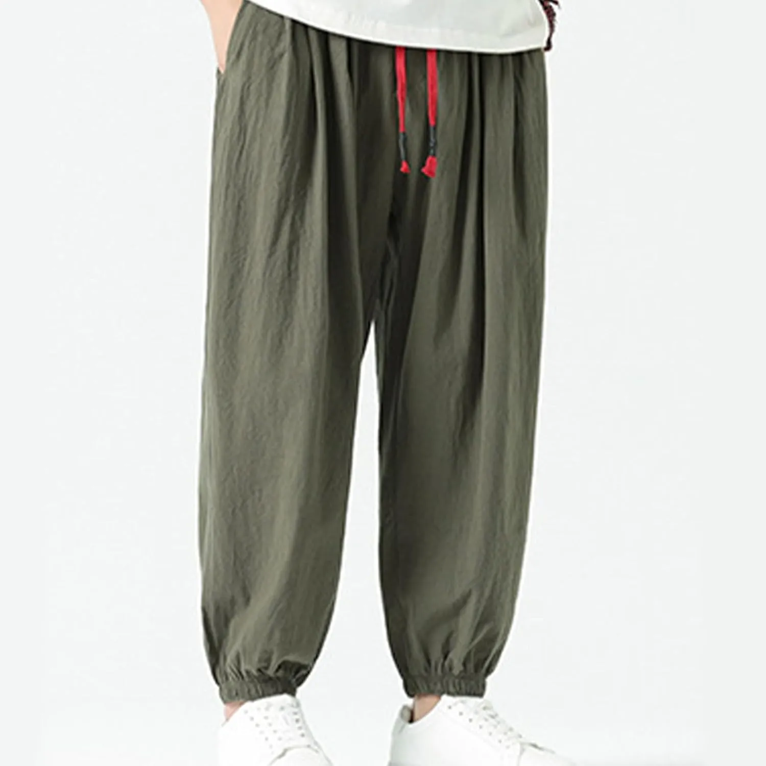 Mens Cotton Jogger Pants Loose Elastic Drawstring Waist Trousers Spring Summer Harem Pant Casual Going Out Clothing