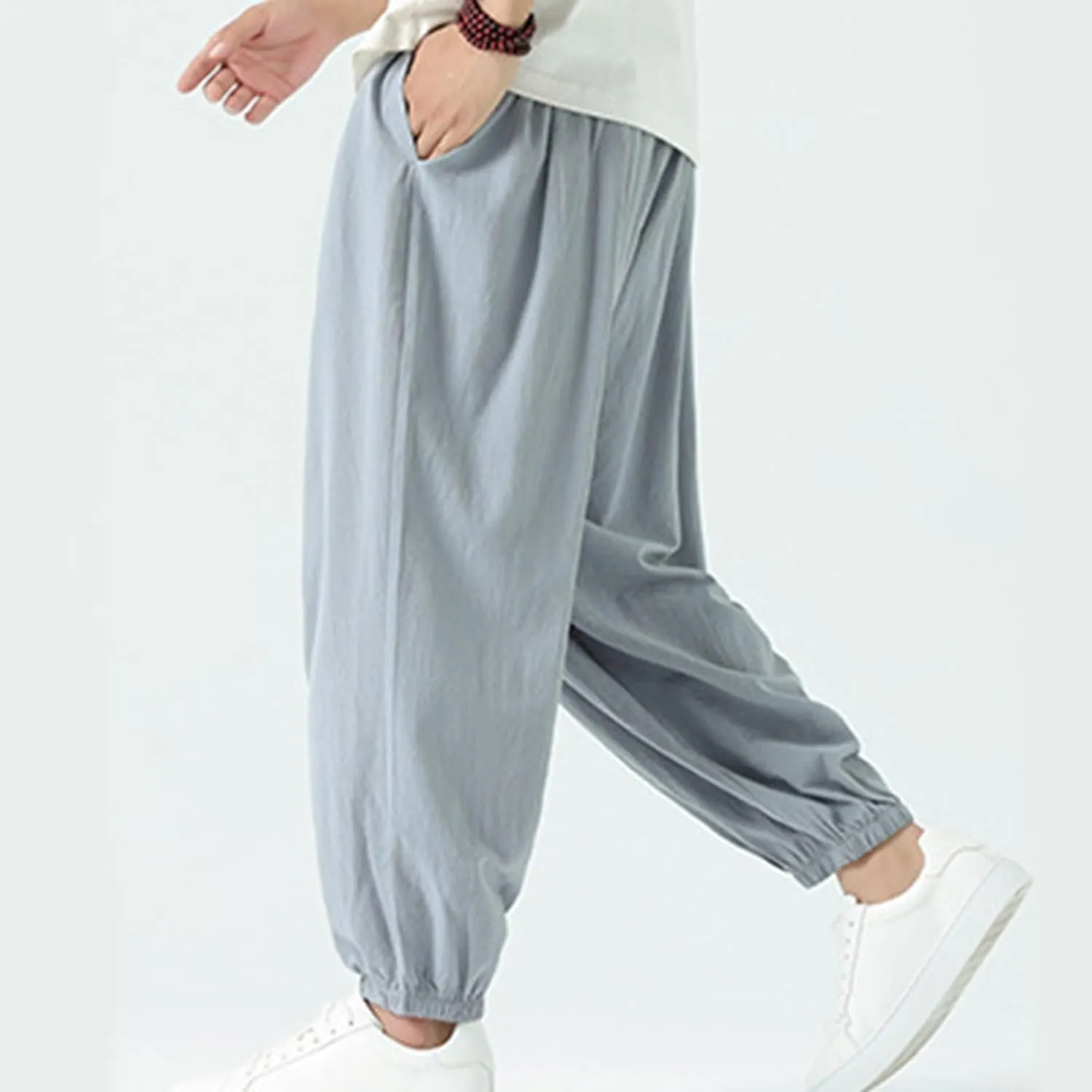 Mens Cotton Jogger Pants Loose Elastic Drawstring Waist Trousers Spring Summer Harem Pant Casual Going Out Clothing