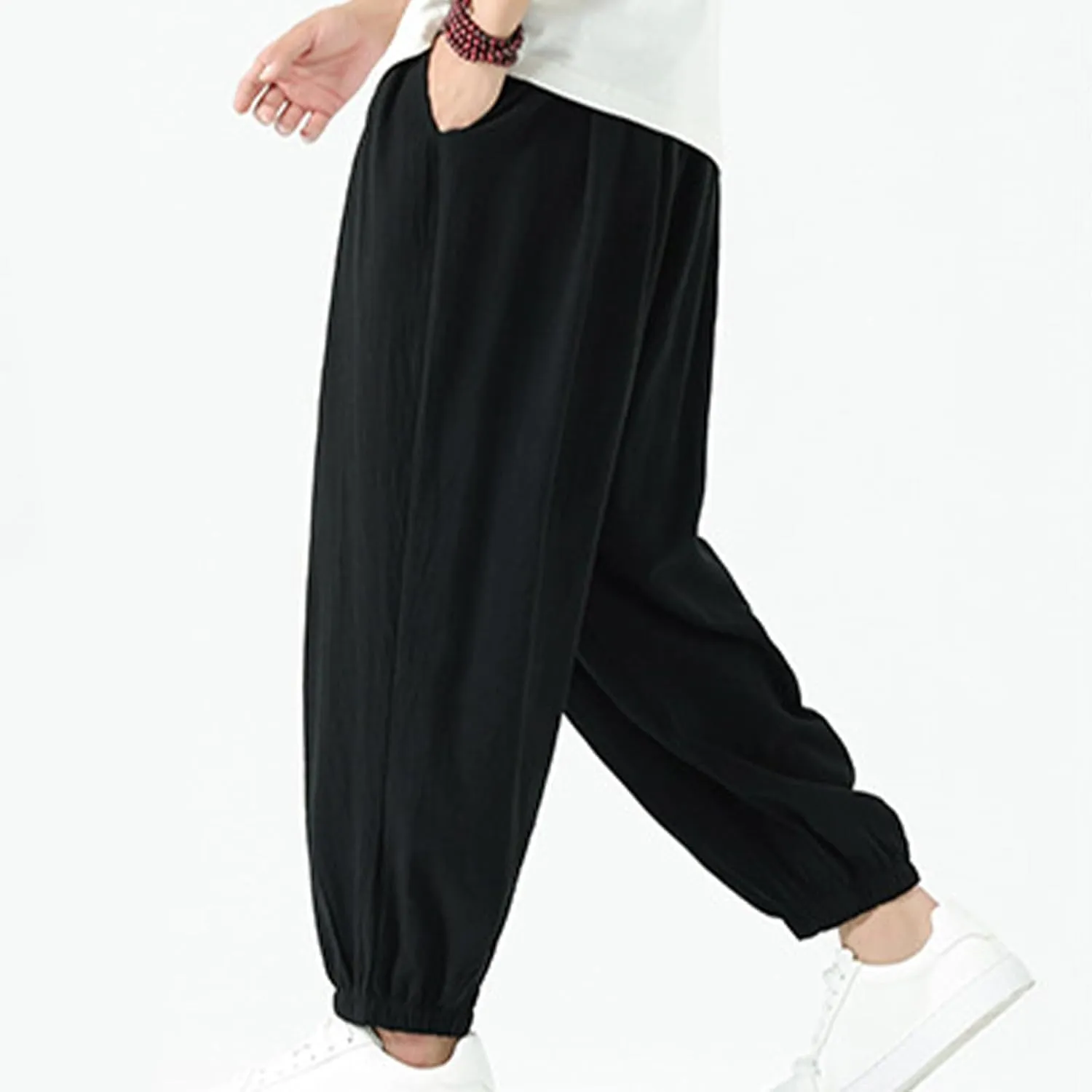 Mens Cotton Jogger Pants Loose Elastic Drawstring Waist Trousers Spring Summer Harem Pant Casual Going Out Clothing