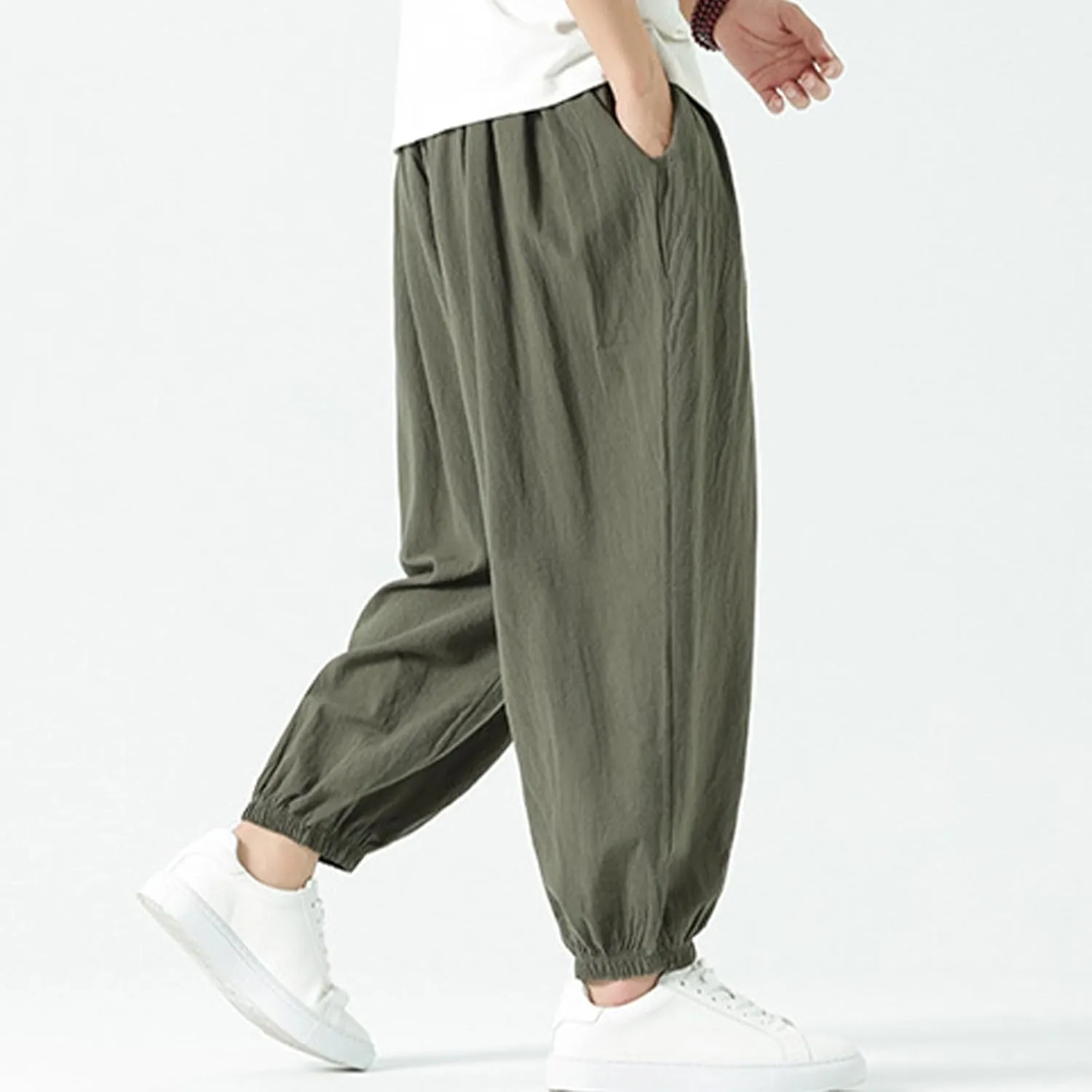 Mens Cotton Jogger Pants Loose Elastic Drawstring Waist Trousers Spring Summer Harem Pant Casual Going Out Clothing