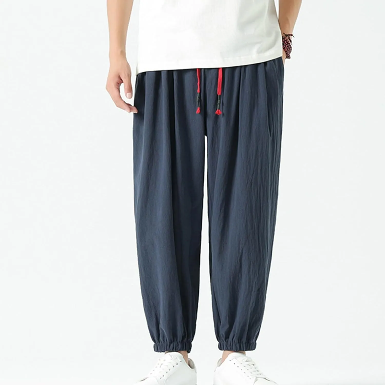 Mens Cotton Jogger Pants Loose Elastic Drawstring Waist Trousers Spring Summer Harem Pant Casual Going Out Clothing