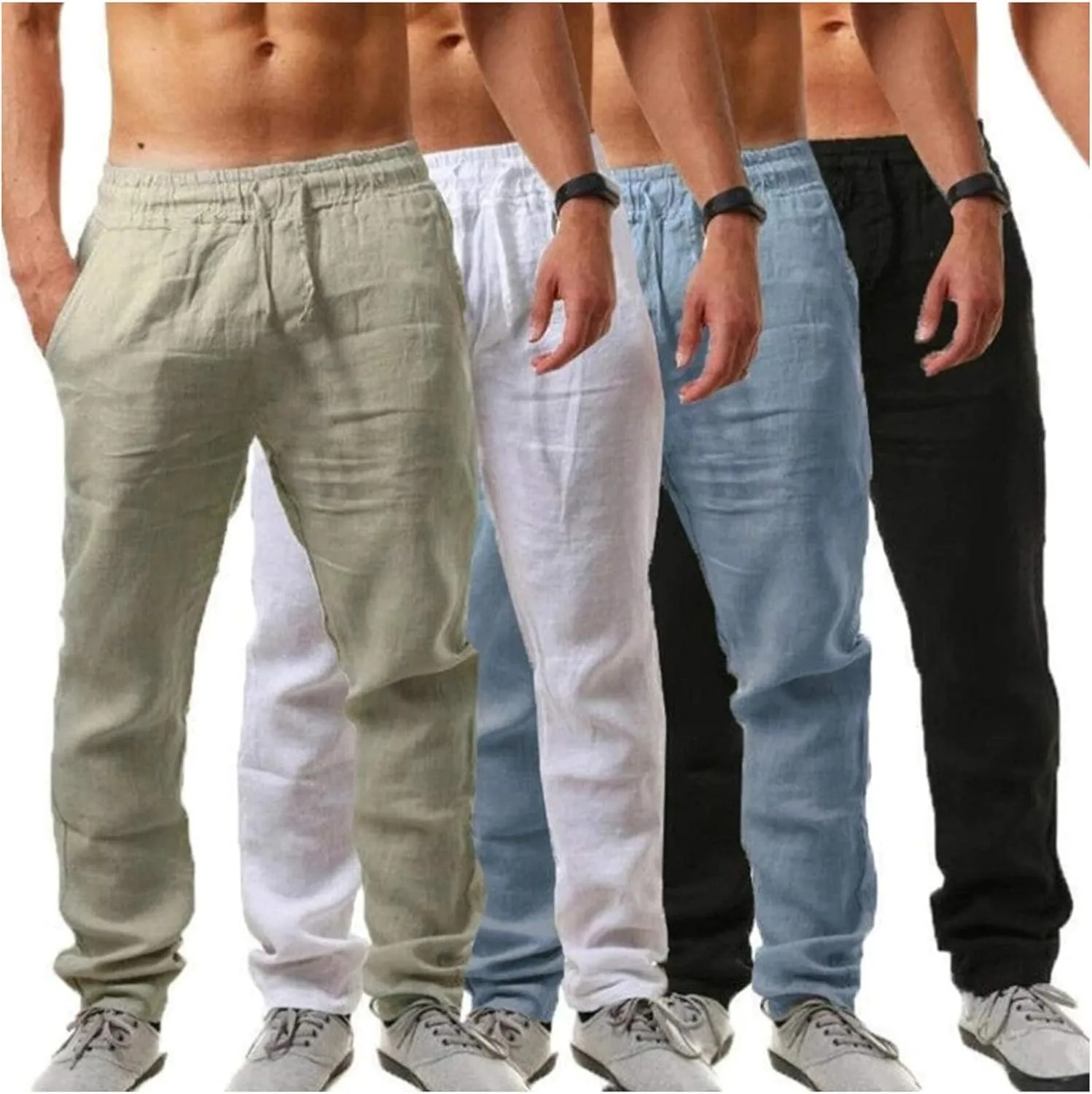 Men's Cotton Linen Casual Long Pants Hippie Summer Beach Yoga Trousers Drawstring Comfy Home Sleep Pajama Pants with Pockets