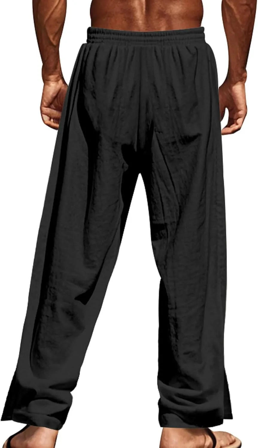Mens Cotton Linen Drawstring Pants Elastic Waist Button Pant Solid Loose Trousers Summer Going Out Vacation Clothing