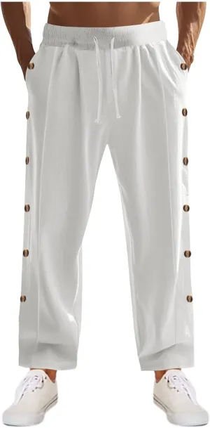 Mens Cotton Linen Drawstring Pants Elastic Waist Button Pant Solid Loose Trousers Summer Going Out Vacation Clothing