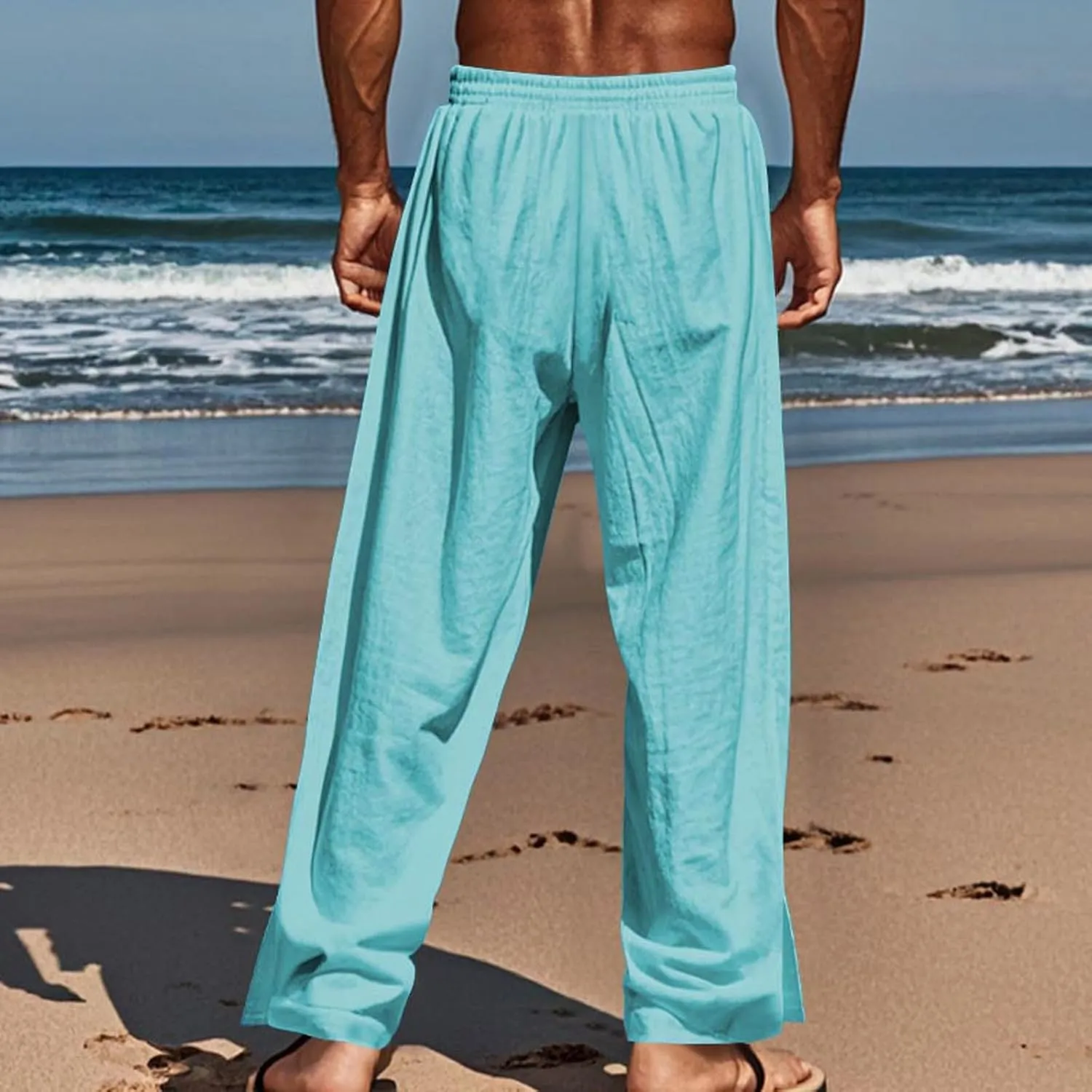 Mens Cotton Linen Drawstring Pants Elastic Waist Button Pant Solid Loose Trousers Summer Going Out Vacation Clothing