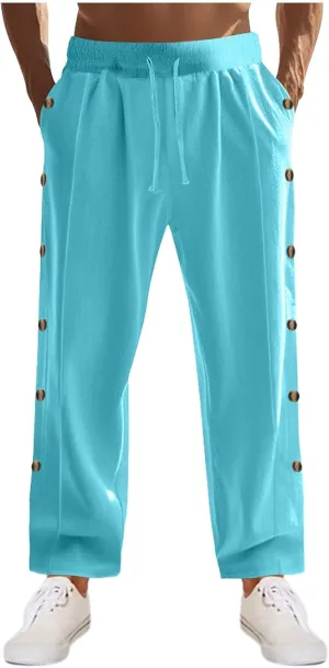 Mens Cotton Linen Drawstring Pants Elastic Waist Button Pant Solid Loose Trousers Summer Going Out Vacation Clothing