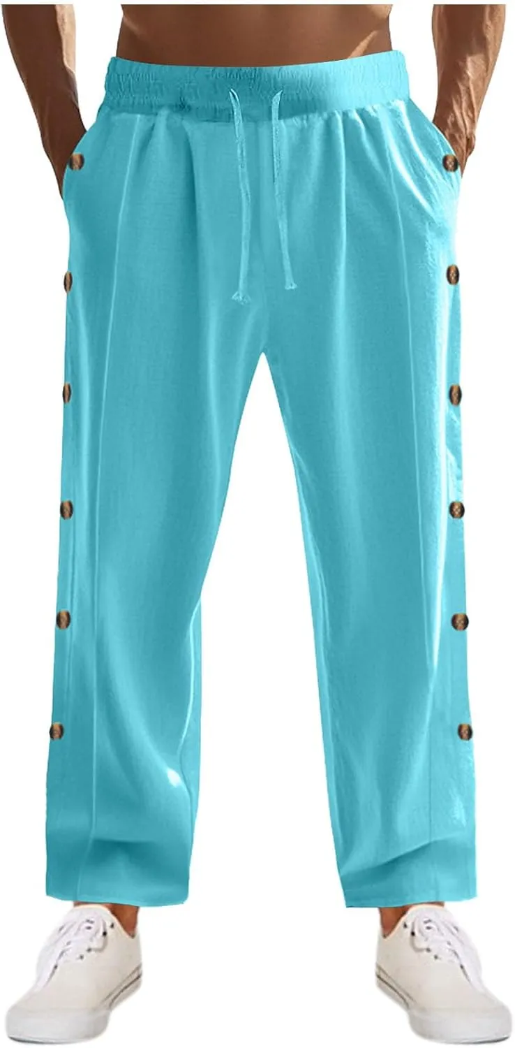 Mens Cotton Linen Drawstring Pants Elastic Waist Button Pant Solid Loose Trousers Summer Going Out Vacation Clothing