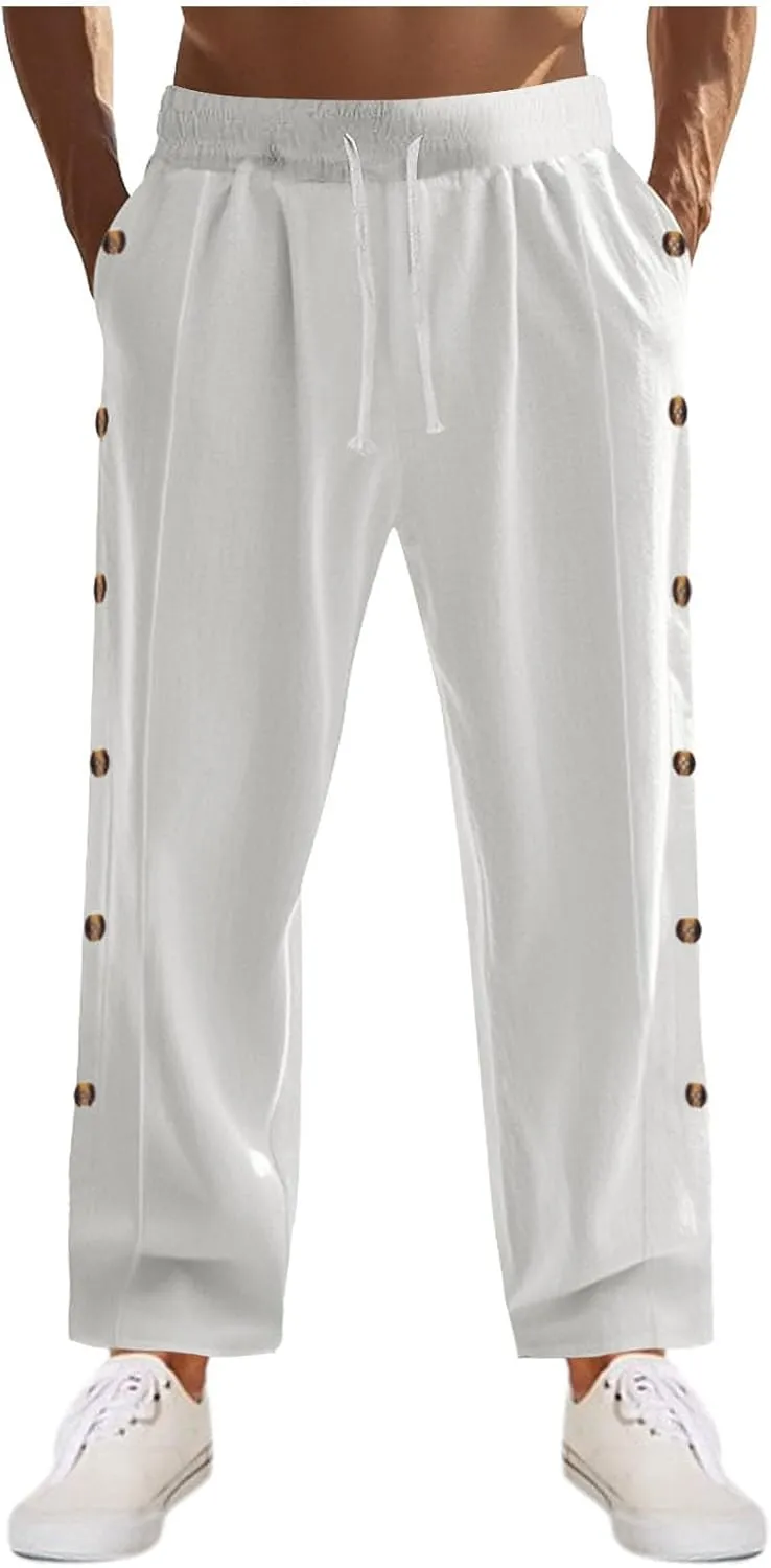 Mens Cotton Linen Drawstring Pants Elastic Waist Button Pant Solid Loose Trousers Summer Going Out Vacation Clothing