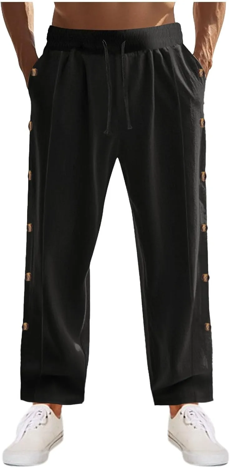 Mens Cotton Linen Drawstring Pants Elastic Waist Button Pant Solid Loose Trousers Summer Going Out Vacation Clothing