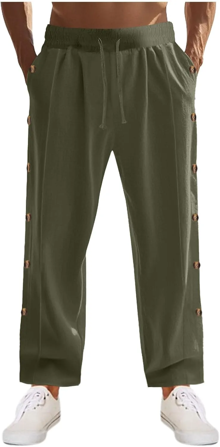 Mens Cotton Linen Drawstring Pants Elastic Waist Button Pant Solid Loose Trousers Summer Going Out Vacation Clothing