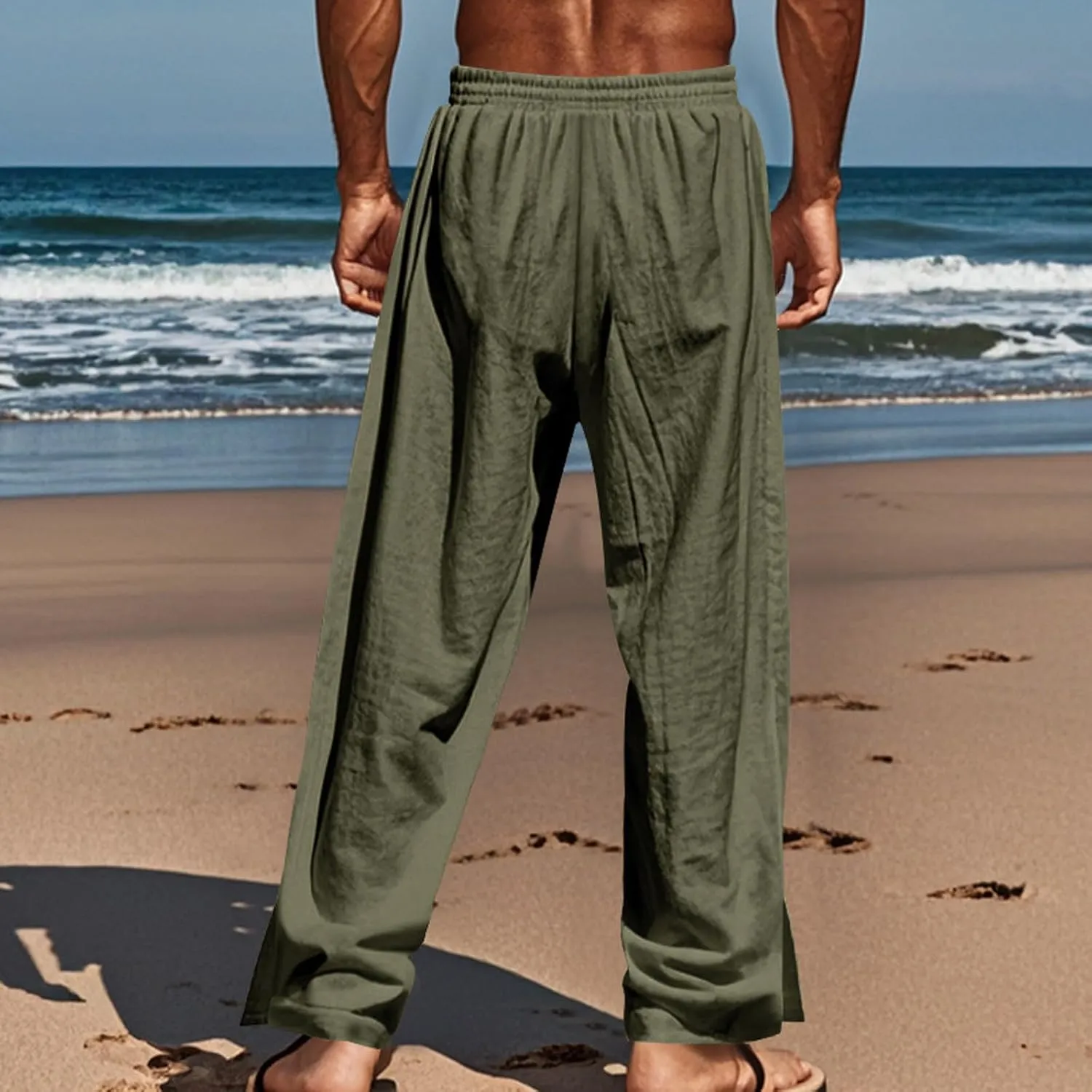 Mens Cotton Linen Drawstring Pants Elastic Waist Button Pant Solid Loose Trousers Summer Going Out Vacation Clothing