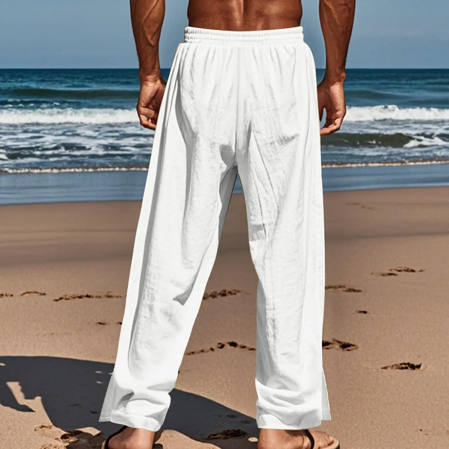 Mens Cotton Linen Drawstring Pants Elastic Waist Button Pant Solid Loose Trousers Summer Going Out Vacation Clothing