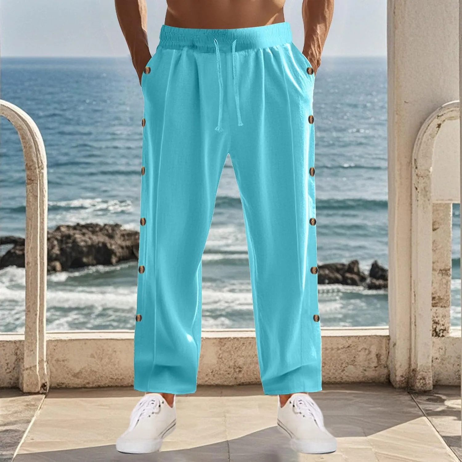 Mens Cotton Linen Drawstring Pants Elastic Waist Button Pant Solid Loose Trousers Summer Going Out Vacation Clothing