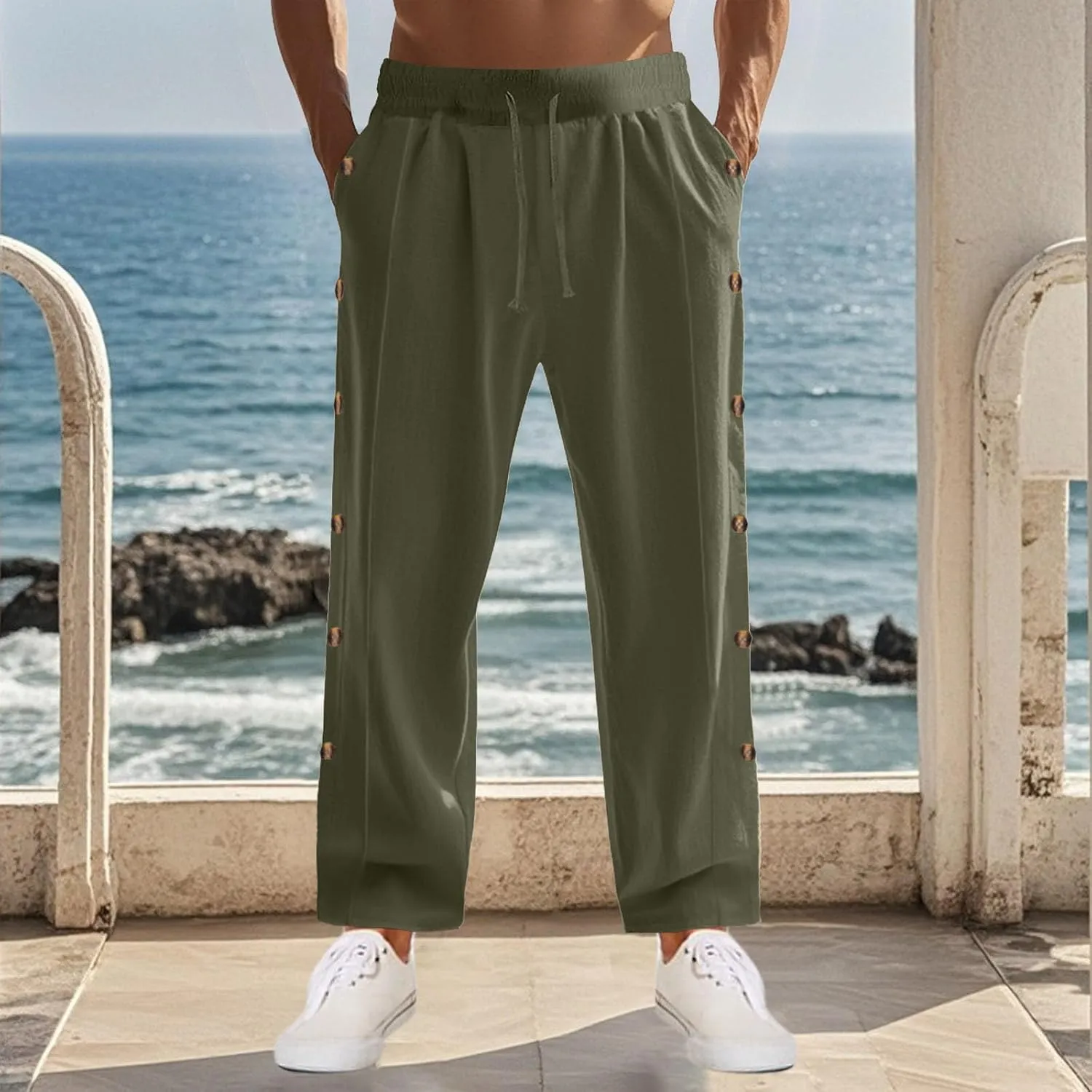 Mens Cotton Linen Drawstring Pants Elastic Waist Button Pant Solid Loose Trousers Summer Going Out Vacation Clothing