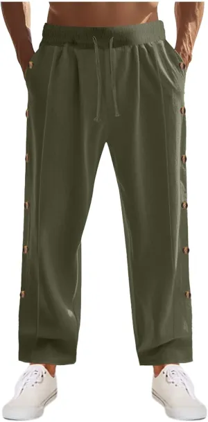 Mens Cotton Linen Drawstring Pants Elastic Waist Button Pant Solid Loose Trousers Summer Going Out Vacation Clothing