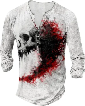 Mens Distressed Henley Shirts Long Sleeve Cotton T-Shirts Vintage Graphic Tee Washed Streetwear Retro Tee