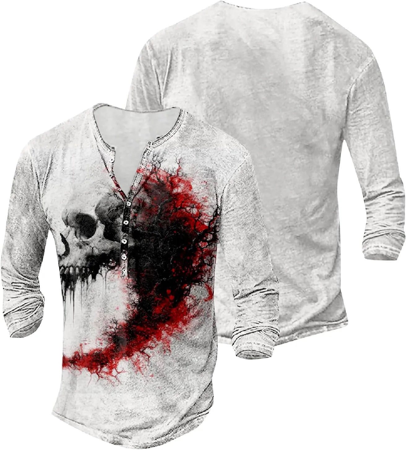 Mens Distressed Henley Shirts Long Sleeve Cotton T-Shirts Vintage Graphic Tee Washed Streetwear Retro Tee