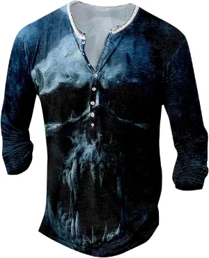Mens Distressed Henley Shirts Long Sleeve Cotton T-Shirts Vintage Graphic Tee Washed Streetwear Retro Tee