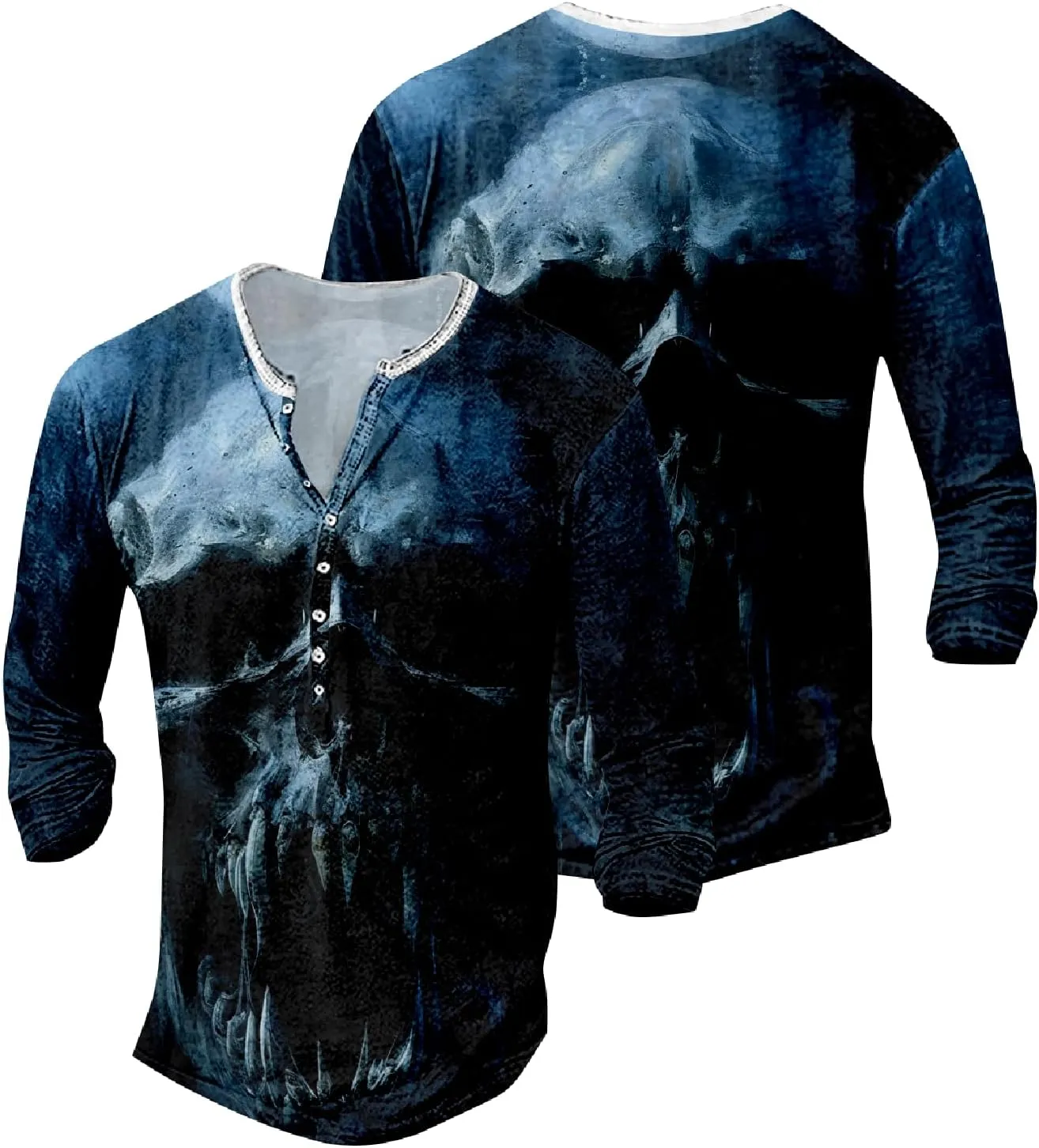 Mens Distressed Henley Shirts Long Sleeve Cotton T-Shirts Vintage Graphic Tee Washed Streetwear Retro Tee