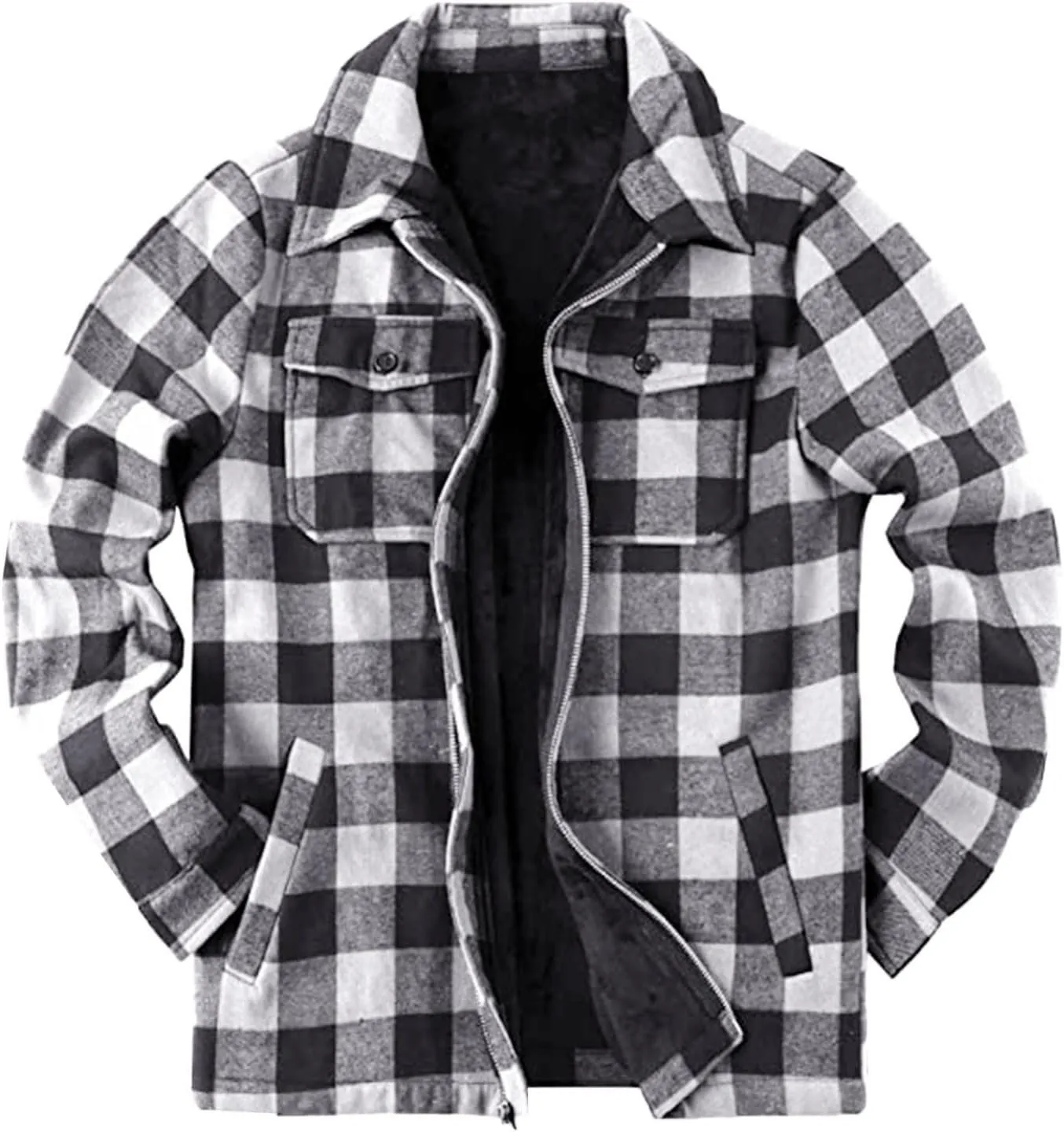 Mens Fleece Flannel Plaid Shirt Jacket Outwear Winter Coats Sherpa Lined Full Zip Hooded Plaid Shirt Jacket Thermal Coat