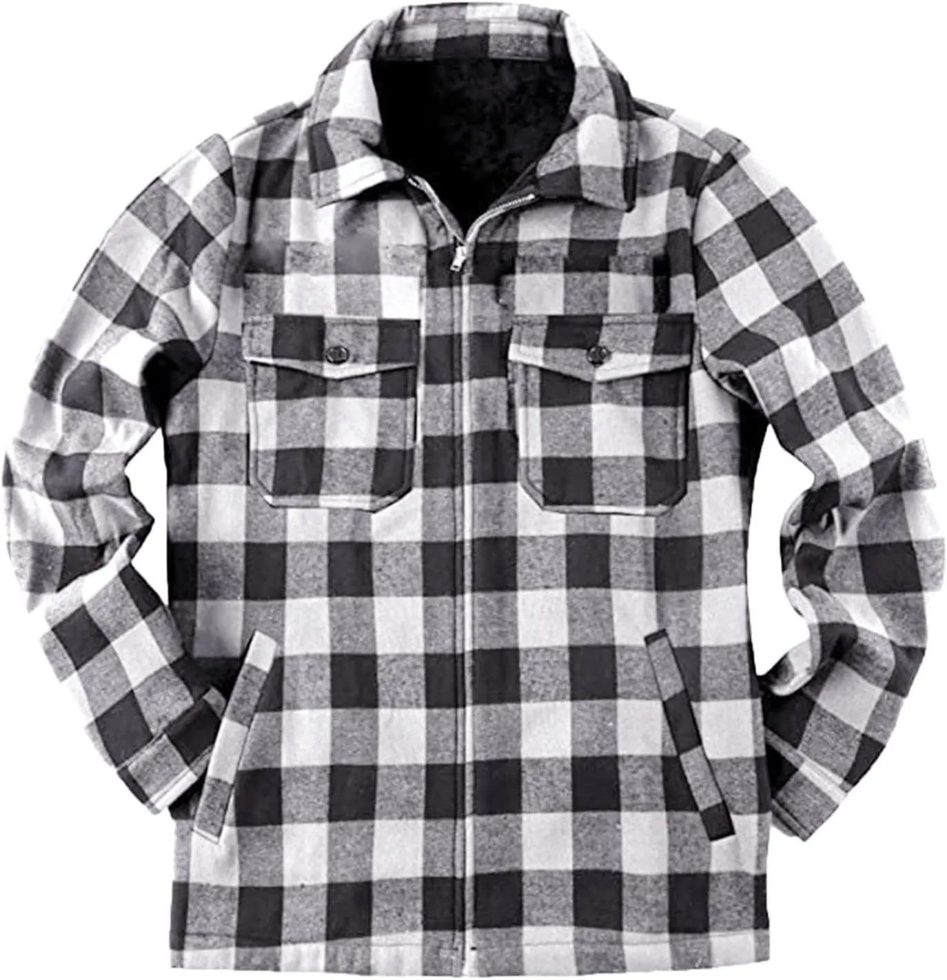 Mens Fleece Flannel Plaid Shirt Jacket Outwear Winter Coats Sherpa Lined Full Zip Hooded Plaid Shirt Jacket Thermal Coat