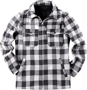 Mens Fleece Flannel Plaid Shirt Jacket Outwear Winter Coats Sherpa Lined Full Zip Hooded Plaid Shirt Jacket Thermal Coat