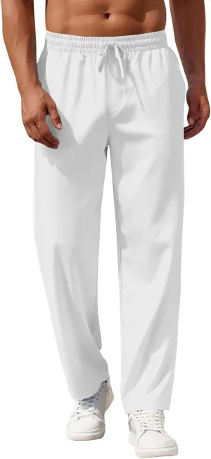 Mens Linen Pants Relaxed Fit Elastic Waist Pants Summer Boho Lightweight Linen Trousers with Pockets Yoga Pants