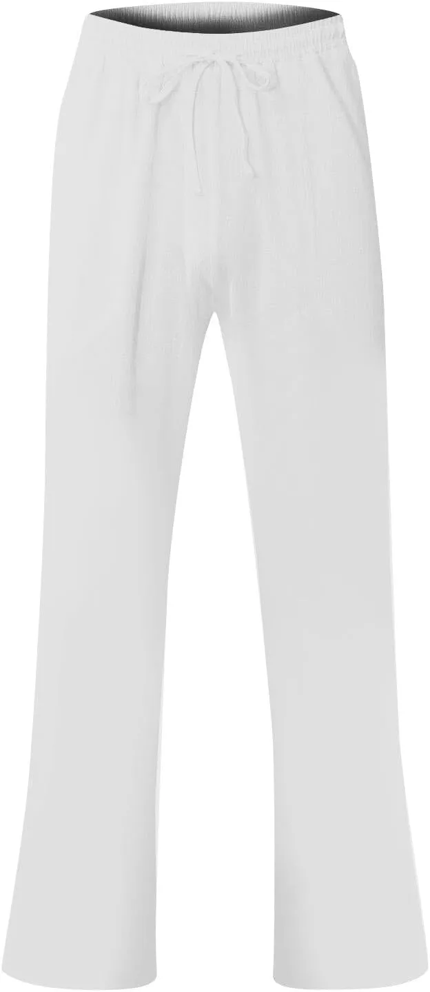 Mens Linen Pants Relaxed Fit Elastic Waist Pants Summer Boho Lightweight Linen Trousers with Pockets Yoga Pants