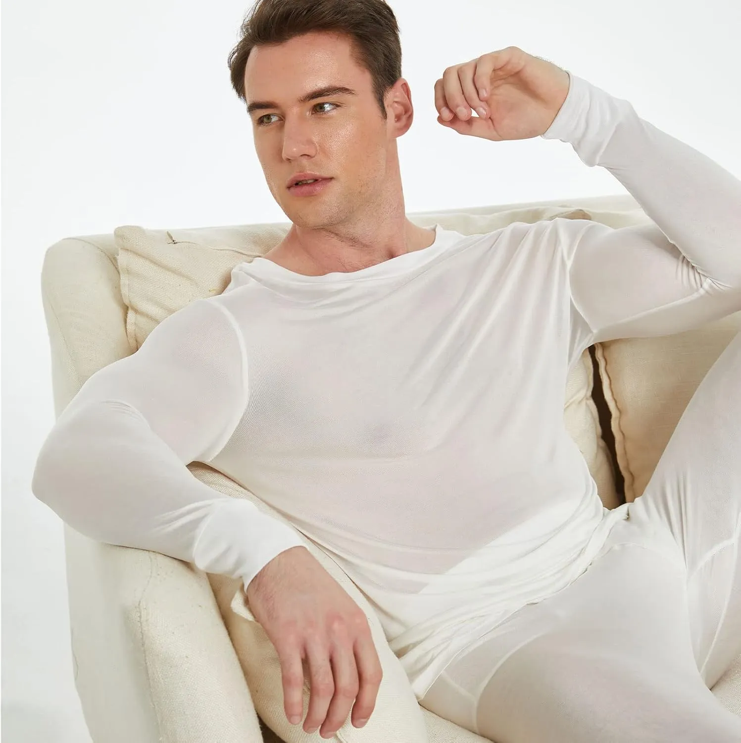 Men's Pure Mulberry Silk Knitted Thermal Underwear Top