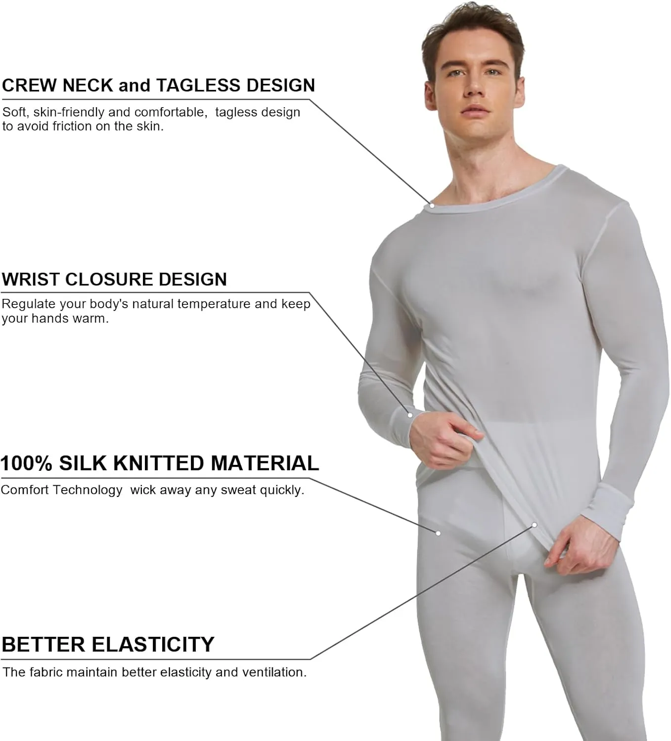 Men's Pure Mulberry Silk Knitted Thermal Underwear Top