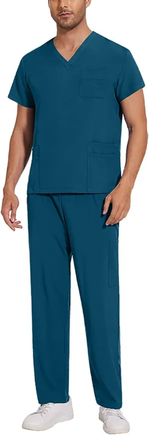 Mens Scrubs Set 2025 Spring Summer Uniform Stretchy V-Neck Scrub Top & Cargo Pant with Multi Pockets