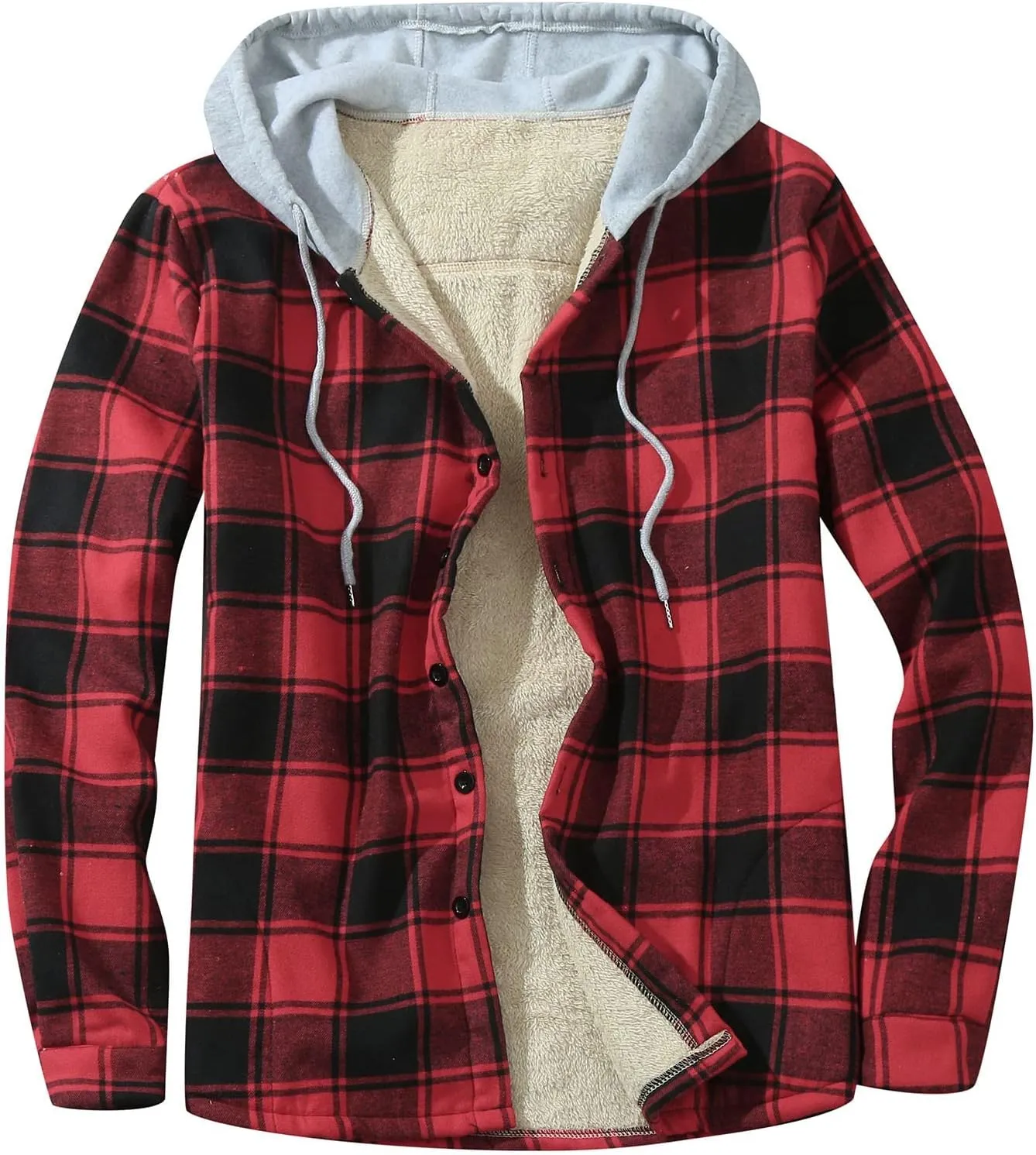 Mens Sherpa Fleece Lined Plaid Hoodie Jackets Long Sleeve Button Down Coat Slim Fit Fannel Jacket Patchwork Jackets