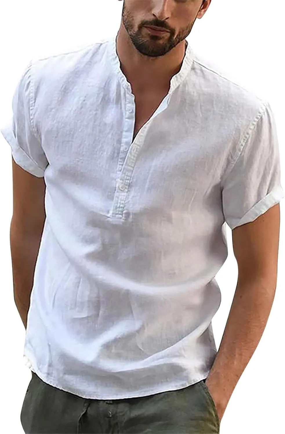 Mens Shirts Casual Stylish Designer Summer Cotton Linen Solid Color Long Sleeve Shirts Loose Stand Collar Shirts