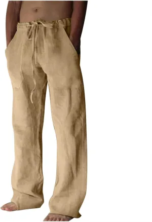 Men's Summer Cotton Linen Pants Solid Casual Drawstring Pant 2025 New Beach Vacation Trousers Business Work Clothes